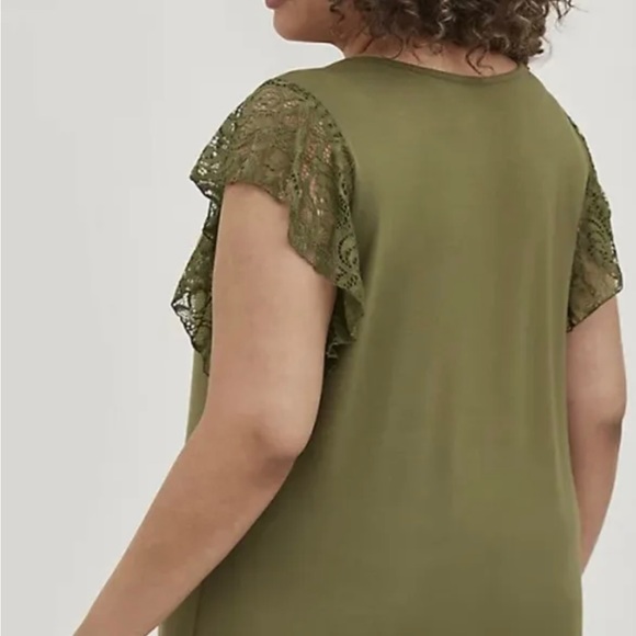 NWT TORRID Olive Green Super Soft Scoop Neck Lace Flutter Sleeve Top~ 2 - Picture 3 of 4